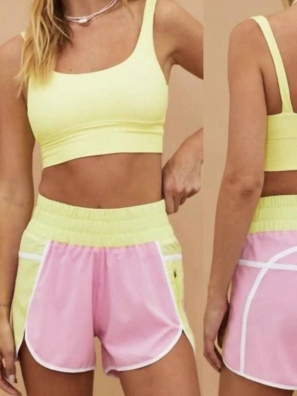 NWOT Beach Riot Prism Pink Athletic Shorts S & Matching Top M Beach Sport Lemon